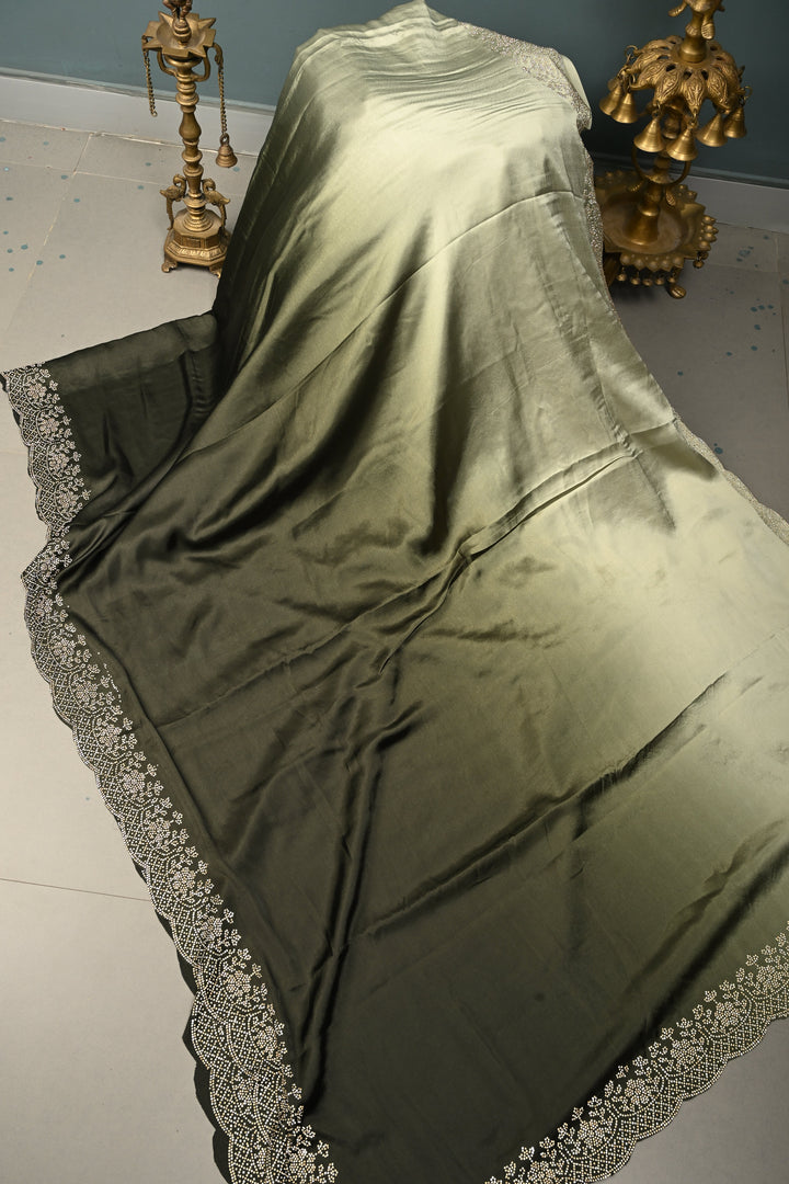Shades of Green Ombre Satin Georgette Saree with Tone on Tone Powder Stones Work and Scallop Border | SHOBITAM