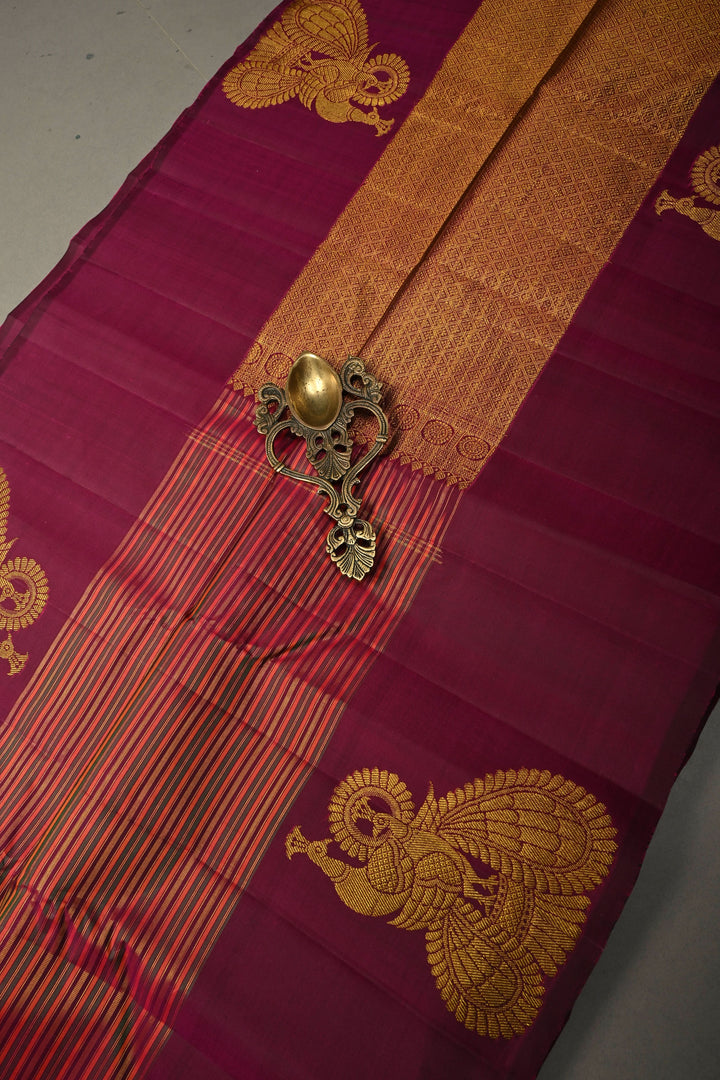 Multicolor Pure Kanjivaram Silk Handloom Saree with Horizontal Stripes and Distinct Twin Peacock Zari Motifs on Plum Border  | SILK MARK CERTIFIED | SHOBITAM