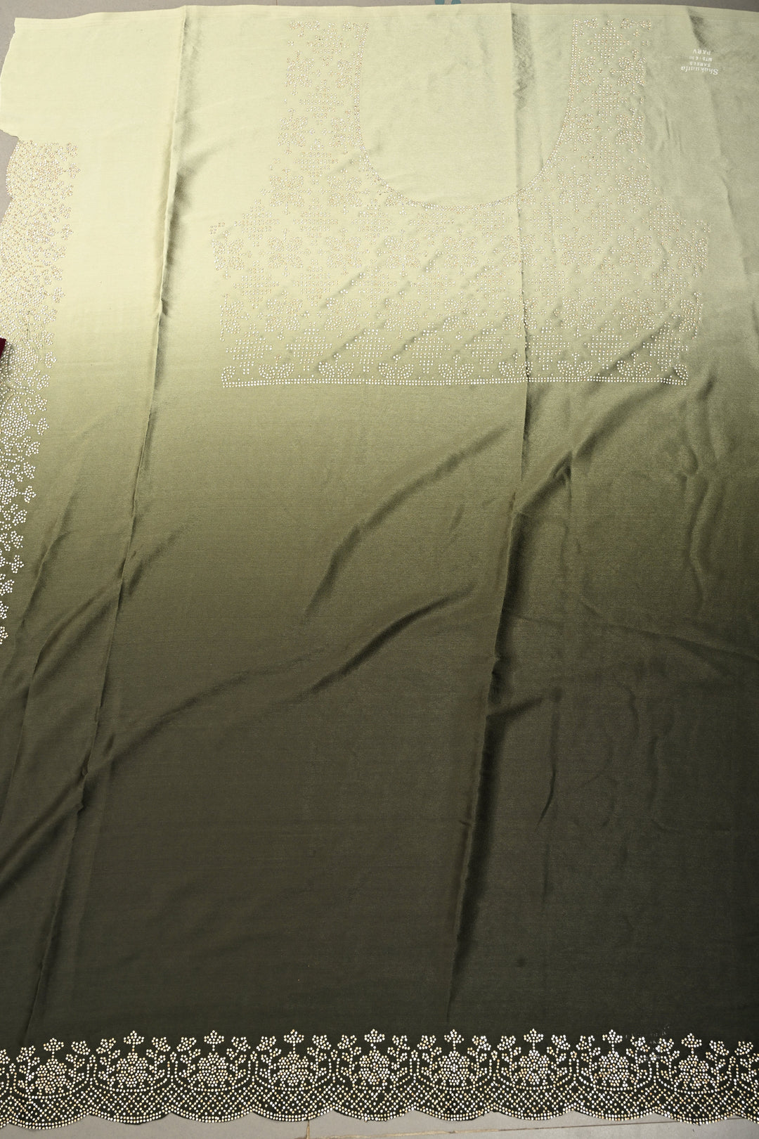 Shades of Green Ombre Satin Georgette Saree with Tone on Tone Powder Stones Work and Scallop Border | SHOBITAM