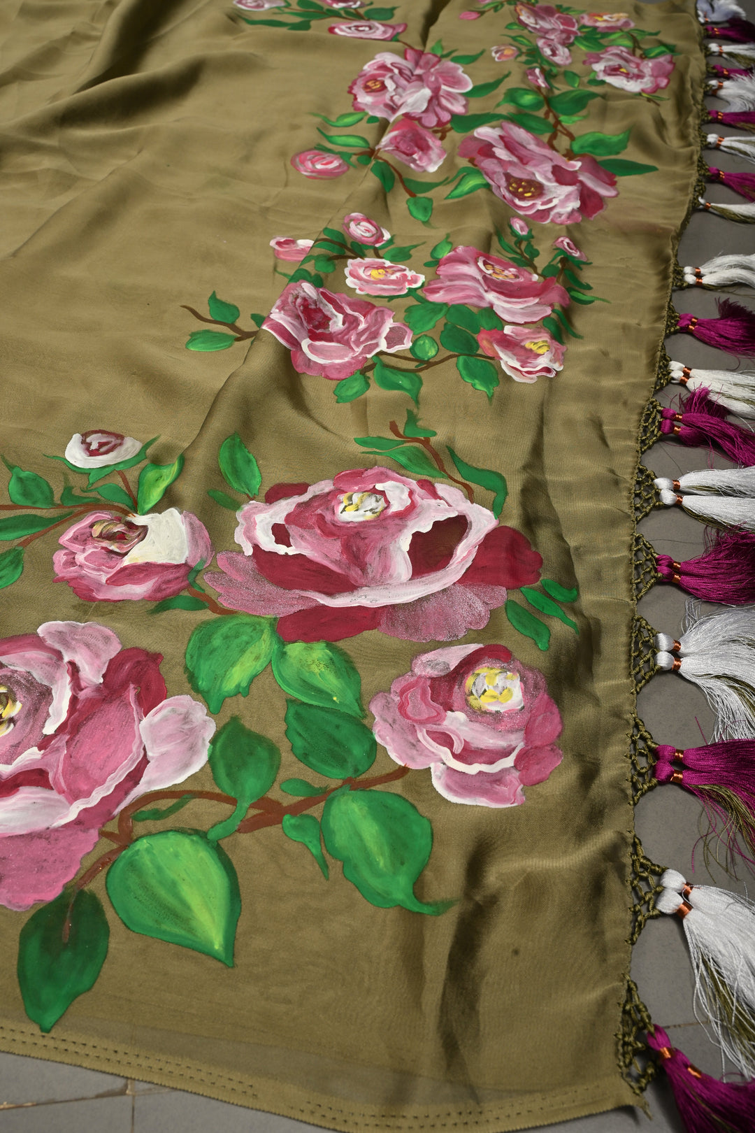 Light Ollive Green Shimmer Georgette Saree with Blooming Floral Hand Painted on Pallu , No Blouse Piece | SHOBITAM
