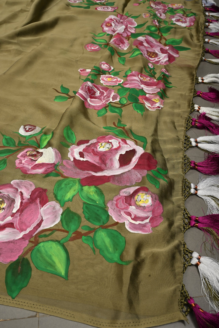 Light Ollive Green Shimmer Georgette Saree with Blooming Floral Hand Painted on Pallu , No Blouse Piece | SHOBITAM