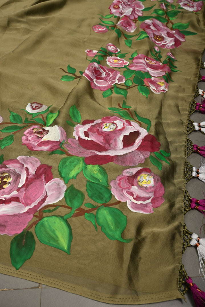 Light Ollive Green Shimmer Georgette Saree with Blooming Floral Hand Painted on Pallu , No Blouse Piece | SHOBITAM