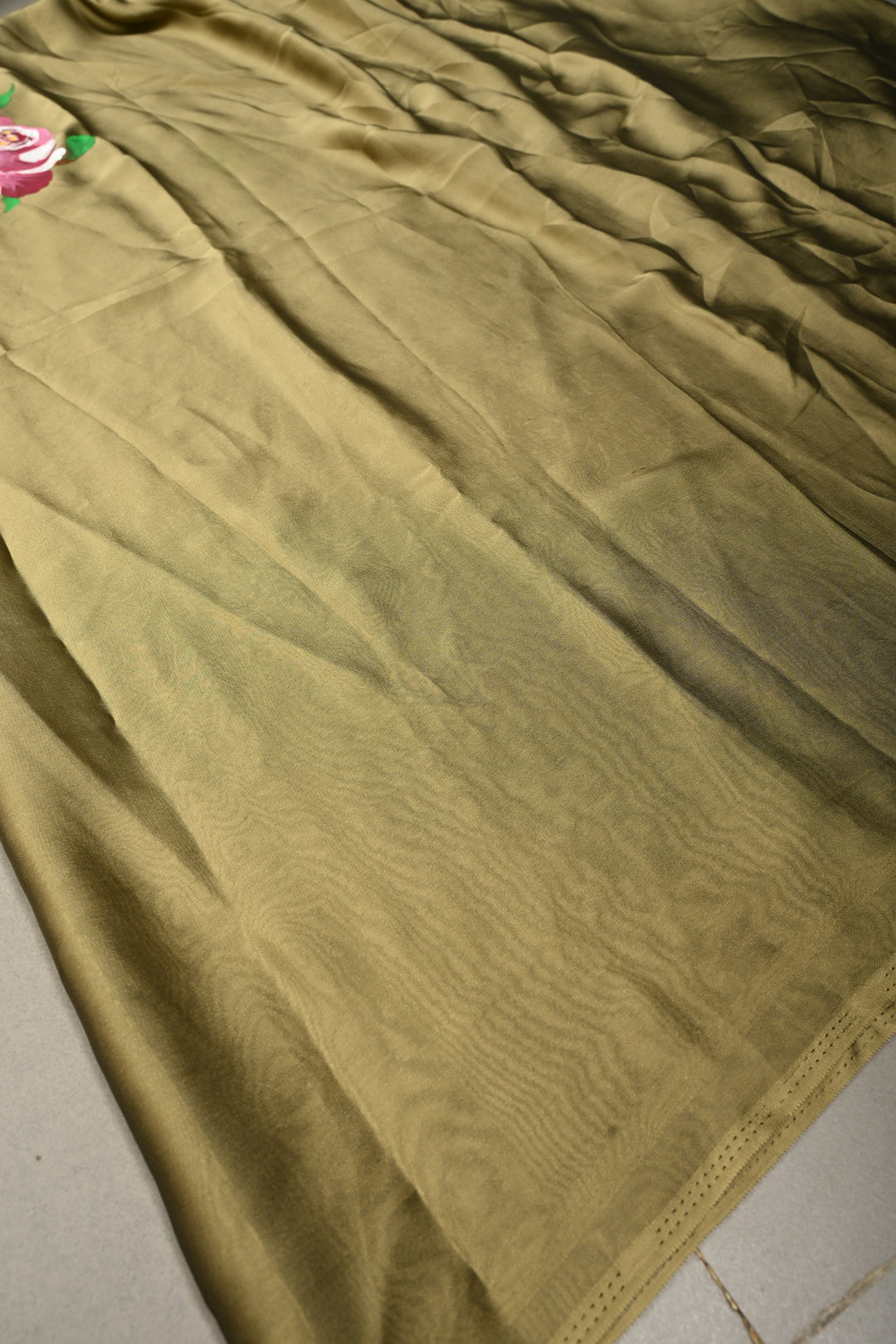 Light Ollive Green Shimmer Georgette Saree with Blooming Floral Hand Painted on Pallu , No Blouse Piece | SHOBITAM