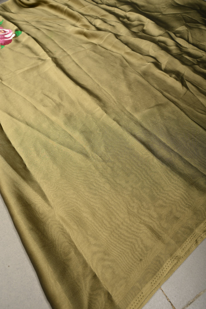 Light Ollive Green Shimmer Georgette Saree with Blooming Floral Hand Painted on Pallu , No Blouse Piece | SHOBITAM
