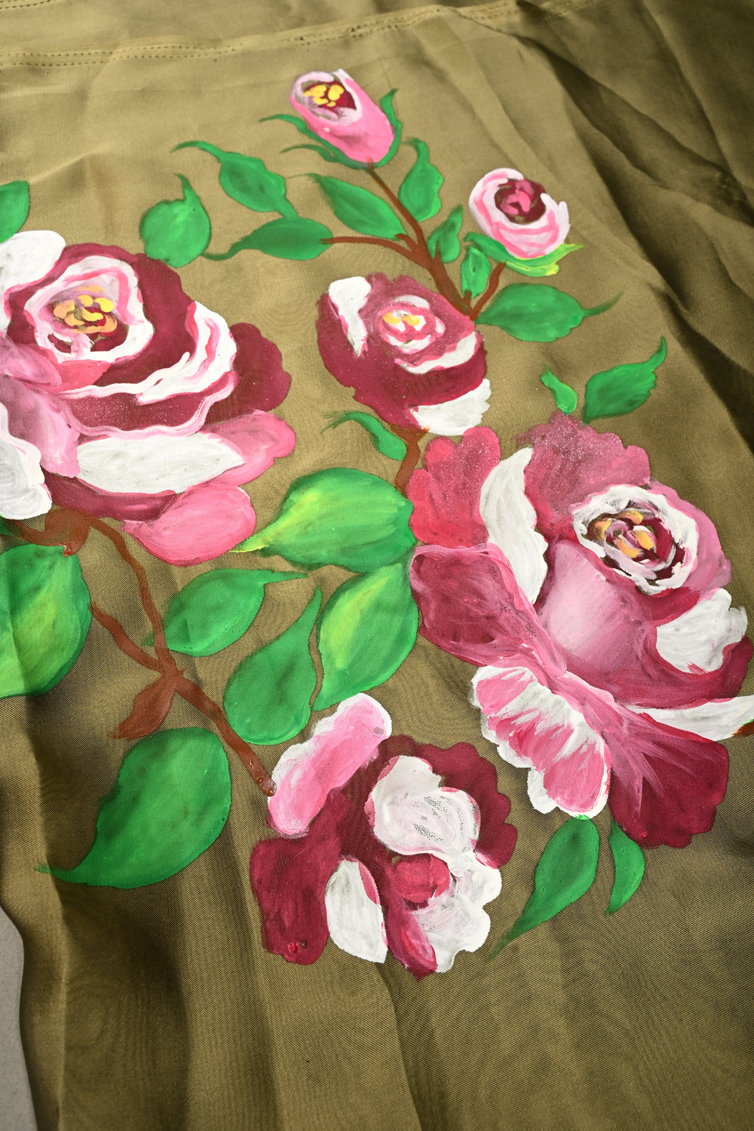 Light Ollive Green Shimmer Georgette Saree with Blooming Floral Hand Painted on Pallu , No Blouse Piece | SHOBITAM
