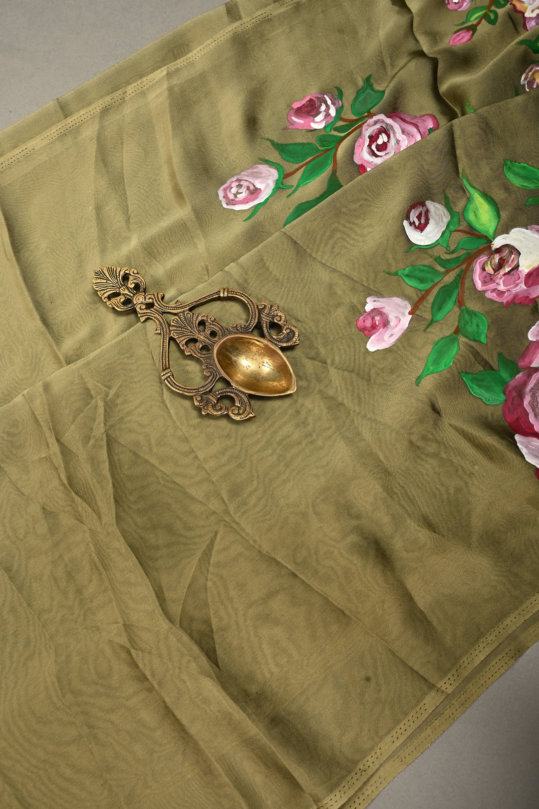 Light Ollive Green Shimmer Georgette Saree with Blooming Floral Hand Painted on Pallu , No Blouse Piece | SHOBITAM