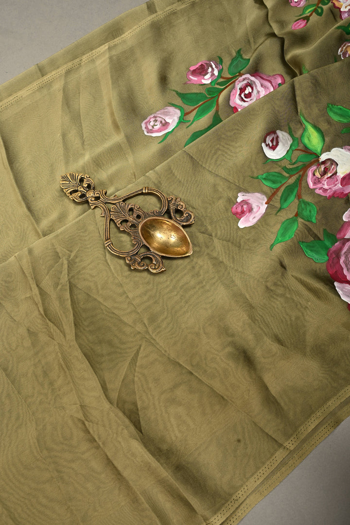 Light Ollive Green Shimmer Georgette Saree with Blooming Floral Hand Painted on Pallu , No Blouse Piece | SHOBITAM