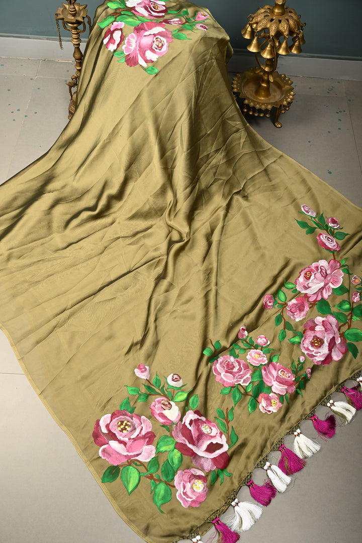 Light Ollive Green Shimmer Georgette Saree with Blooming Floral Hand Painted on Pallu , No Blouse Piece | SHOBITAM