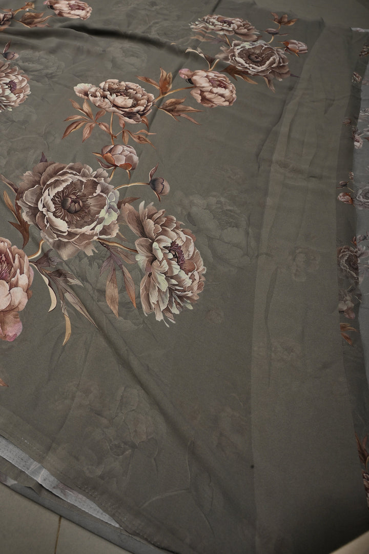 Stone Gray Georgette Saree with Blossom Floral Digital Print