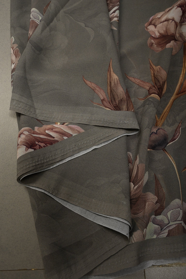 Stone Gray Georgette Saree with Blossom Floral Digital Print