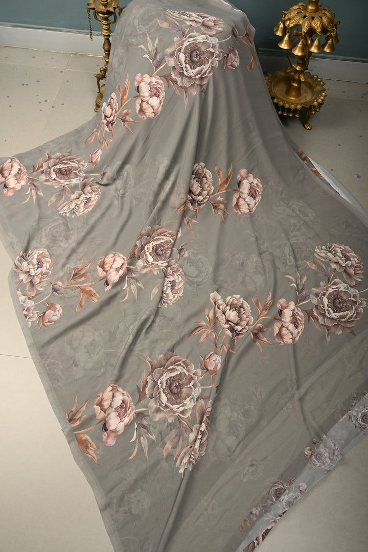 Stone Gray Georgette Saree with Blossom Floral Digital Print