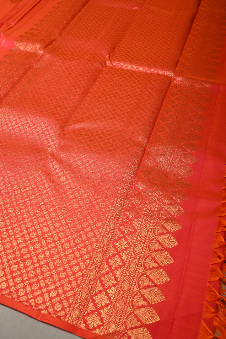 Orange-Pink Dual Tone Borderless Kanjivaram Soft Silk Saree with Two Birds Zari Buttas and Rich Pallu | SILK MARK CERTIFIED | SHOBITAM