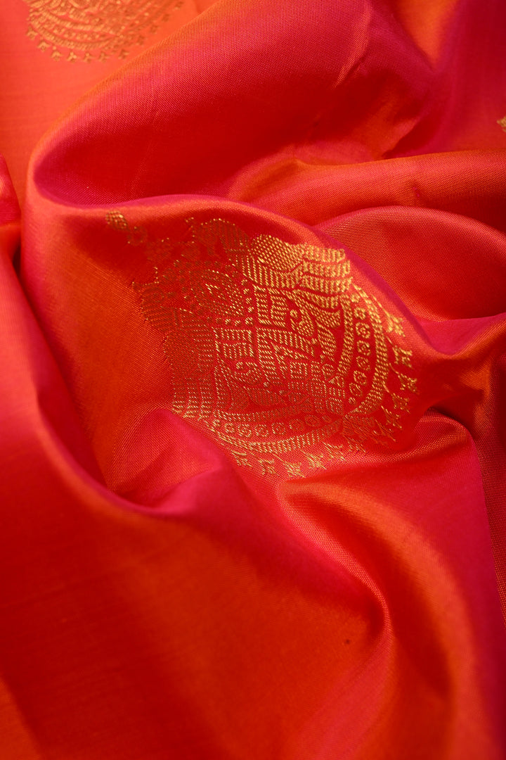 Orange-Pink Dual Tone Borderless Kanjivaram Soft Silk Saree with Two Birds Zari Buttas and Rich Pallu | SILK MARK CERTIFIED | SHOBITAM