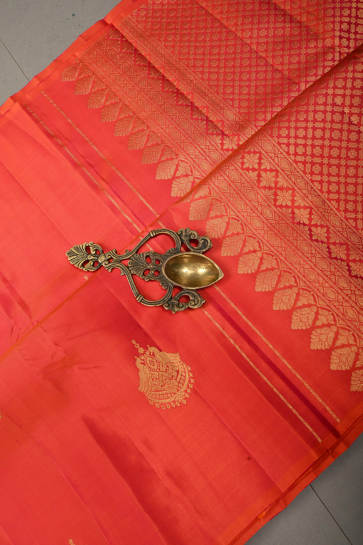 Orange-Pink Dual Tone Borderless Kanjivaram Soft Silk Saree with Two Birds Zari Buttas and Rich Pallu | SILK MARK CERTIFIED | SHOBITAM