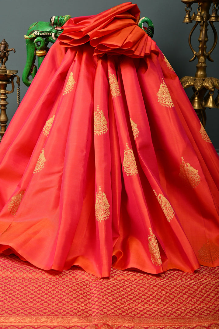 Orange-Pink Dual Tone Borderless Kanjivaram Soft Silk Saree with Two Birds Zari Buttas and Rich Pallu | SILK MARK CERTIFIED | SHOBITAM