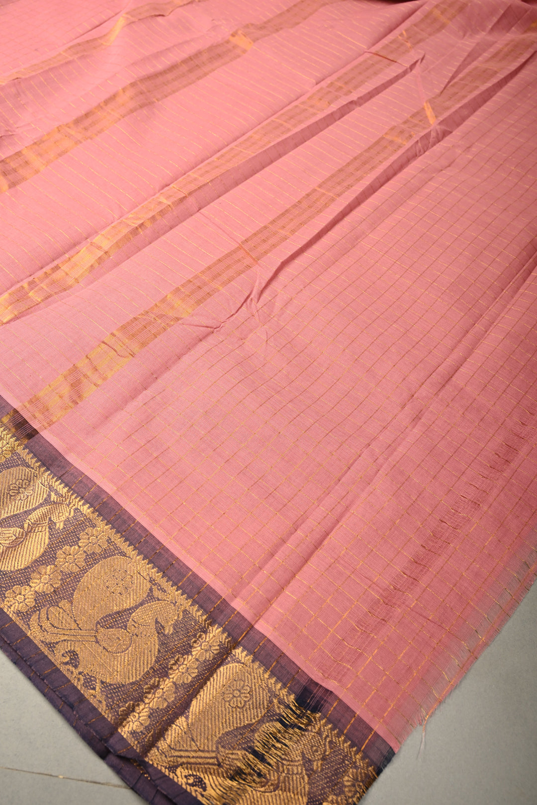 Dusty Pink Zari Checks on Chettinad Cotton Saree with Contrast Zari Border, No Blouse Piece | SHOBITAM