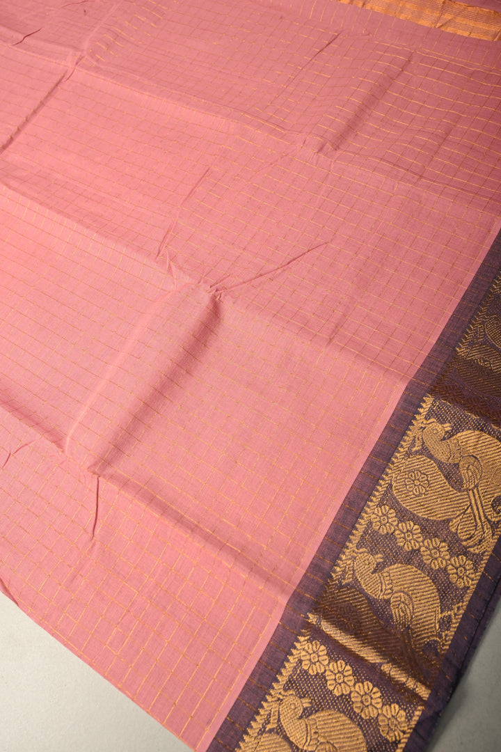 Dusty Pink Zari Checks on Chettinad Cotton Saree with Contrast Zari Border, No Blouse Piece | SHOBITAM