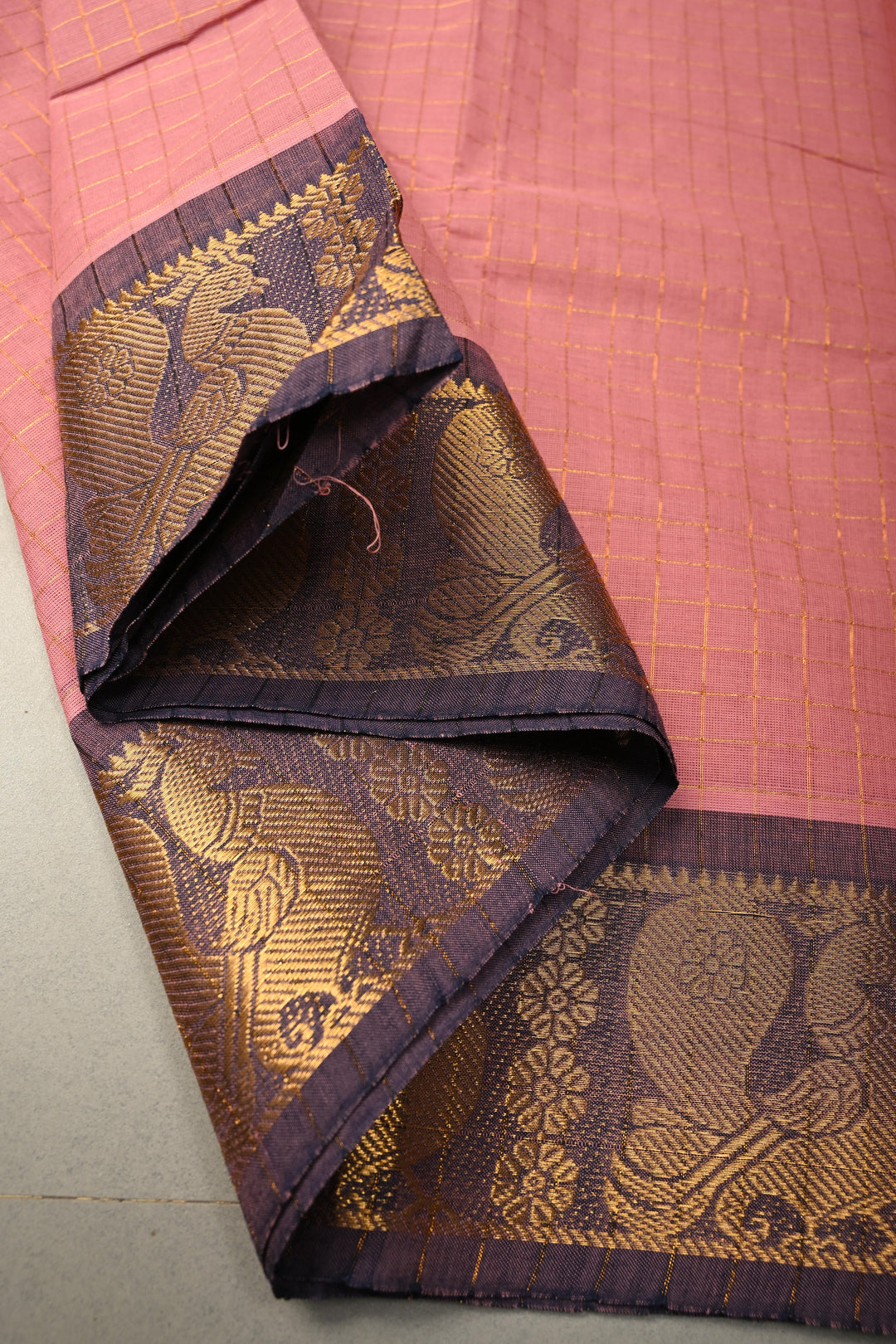 Dusty Pink Zari Checks on Chettinad Cotton Saree with Contrast Zari Border, No Blouse Piece | SHOBITAM