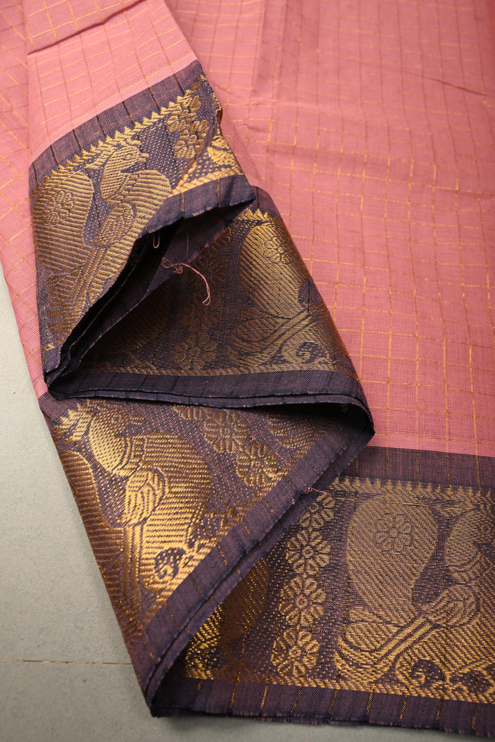 Dusty Pink Zari Checks on Chettinad Cotton Saree with Contrast Zari Border, No Blouse Piece | SHOBITAM