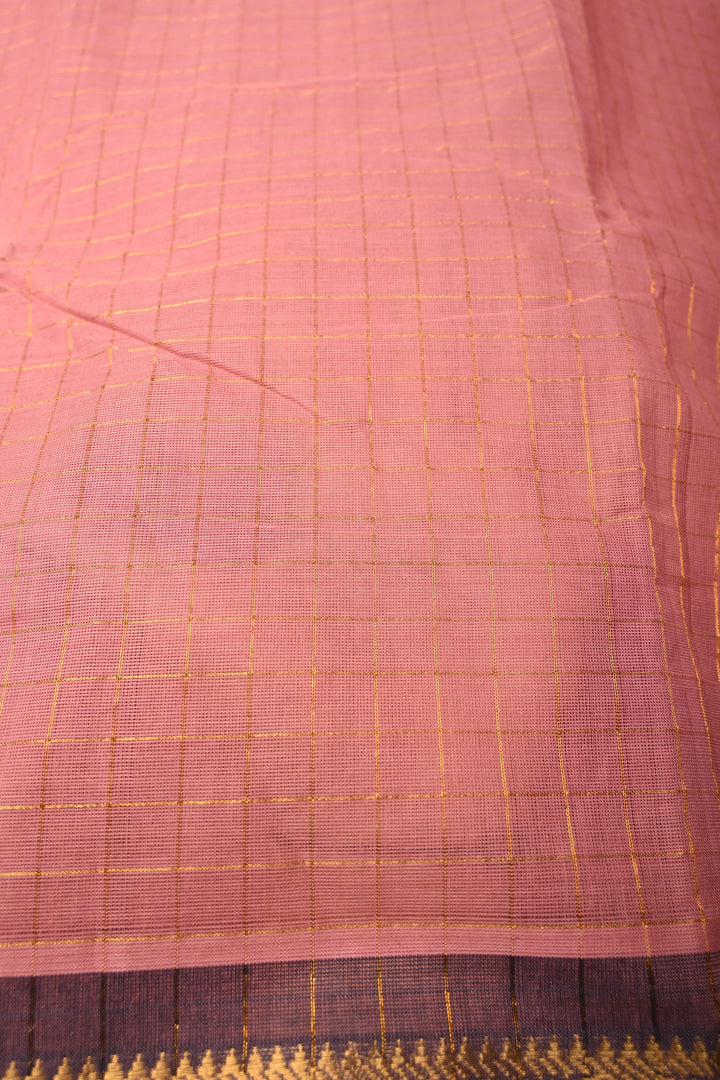 Dusty Pink Zari Checks on Chettinad Cotton Saree with Contrast Zari Border, No Blouse Piece | SHOBITAM