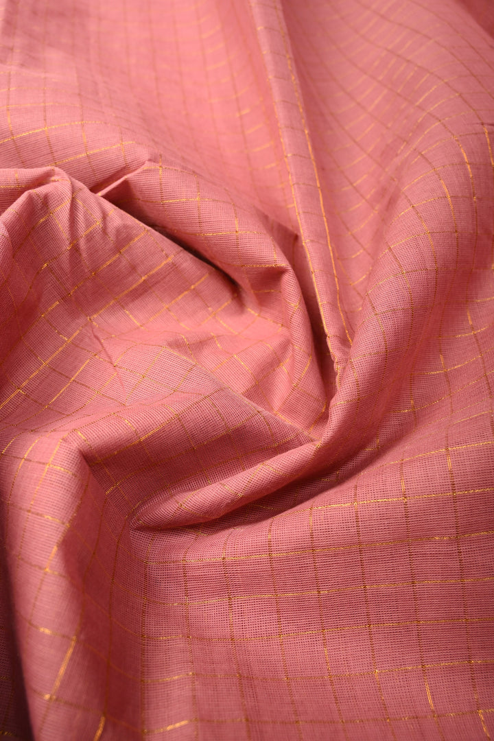 Dusty Pink Zari Checks on Chettinad Cotton Saree with Contrast Zari Border, No Blouse Piece | SHOBITAM