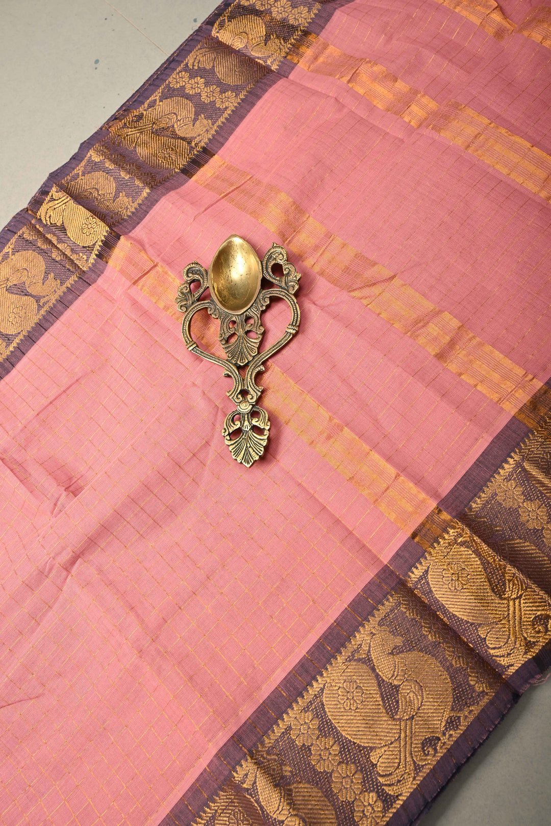 Dusty Pink Zari Checks on Chettinad Cotton Saree with Contrast Zari Border, No Blouse Piece | SHOBITAM