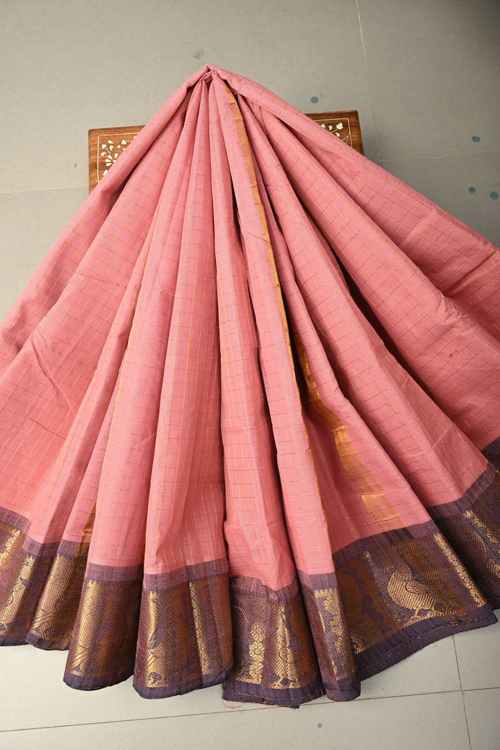 Dusty Pink Zari Checks on Chettinad Cotton Saree with Contrast Zari Border, No Blouse Piece | SHOBITAM