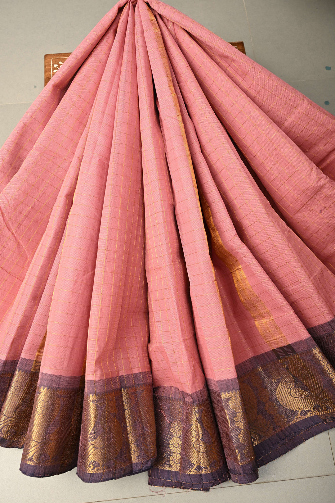 Dusty Pink Zari Checks on Chettinad Cotton Saree with Contrast Zari Border, No Blouse Piece | SHOBITAM