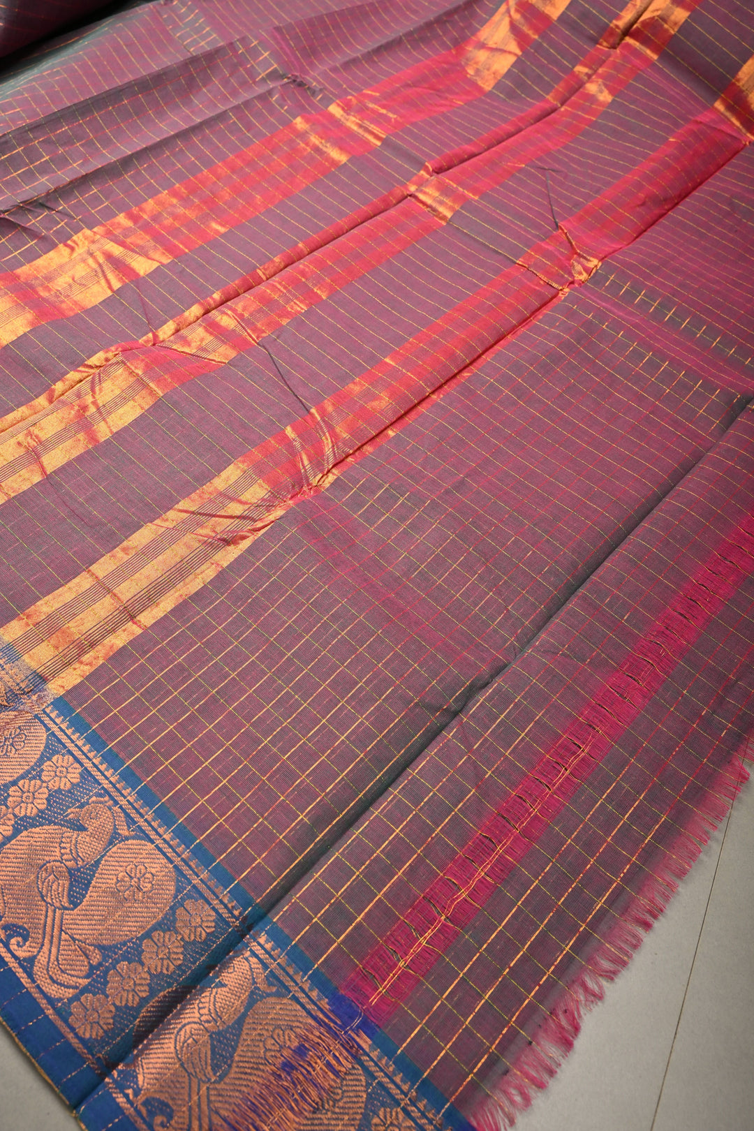 Burgundy  Green Dual tone Zari Checks Pattern on Chettinad Cotton Saree with Contrast Zari Border, No Blouse Peice | SHOBITAM