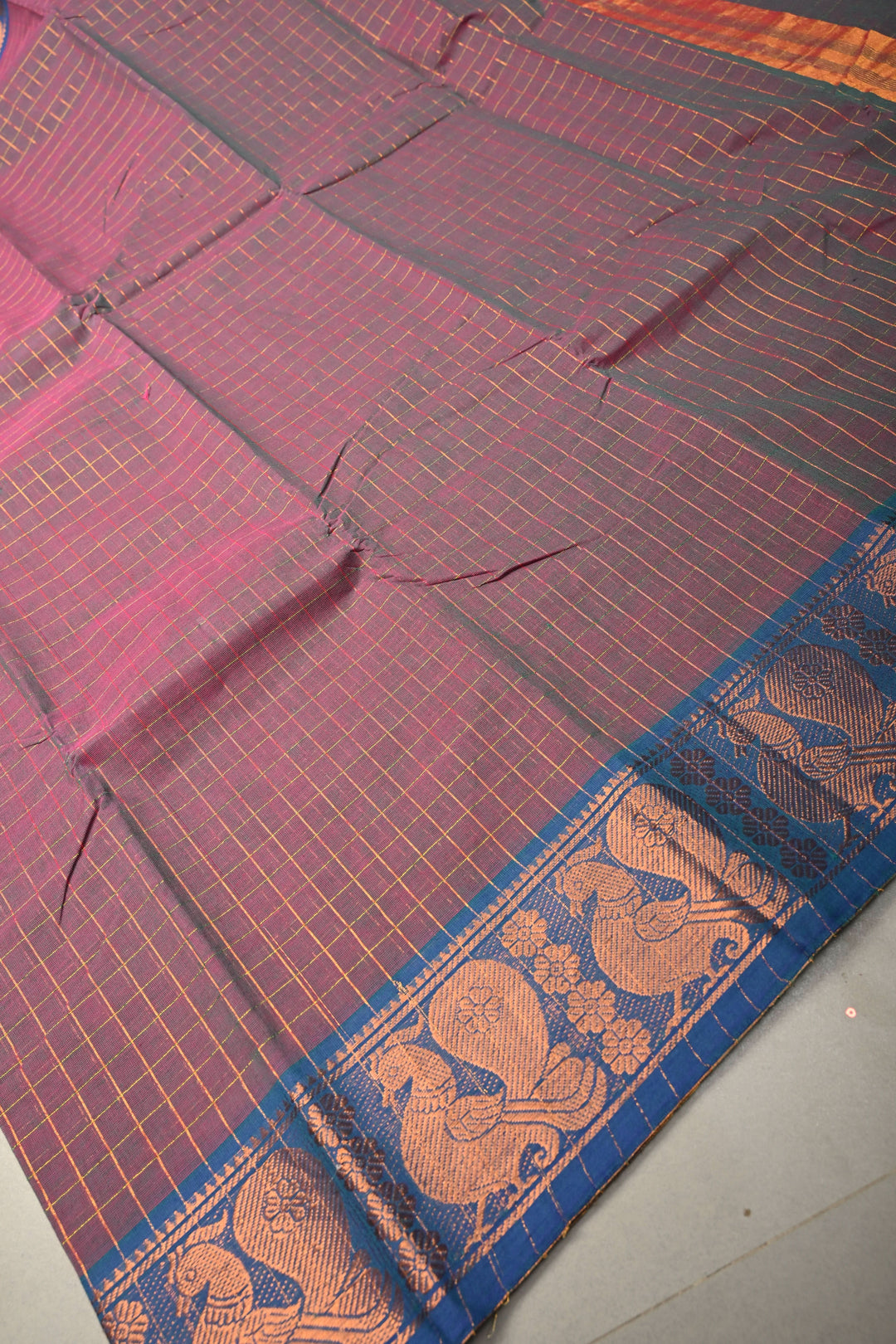 Burgundy  Green Dual tone Zari Checks Pattern on Chettinad Cotton Saree with Contrast Zari Border, No Blouse Peice | SHOBITAM