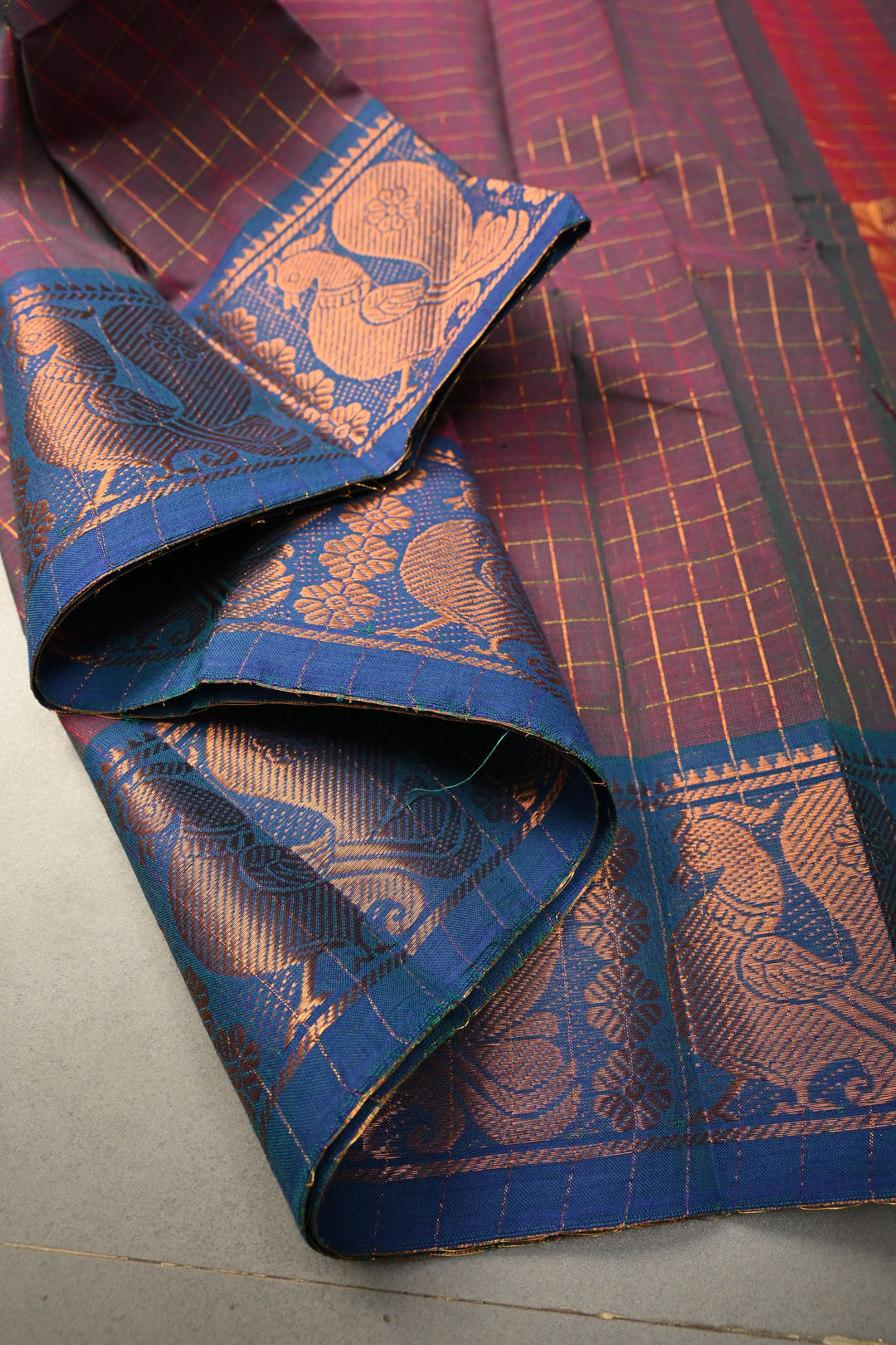 Burgundy  Green Dual tone Zari Checks Pattern on Chettinad Cotton Saree with Contrast Zari Border, No Blouse Peice | SHOBITAM