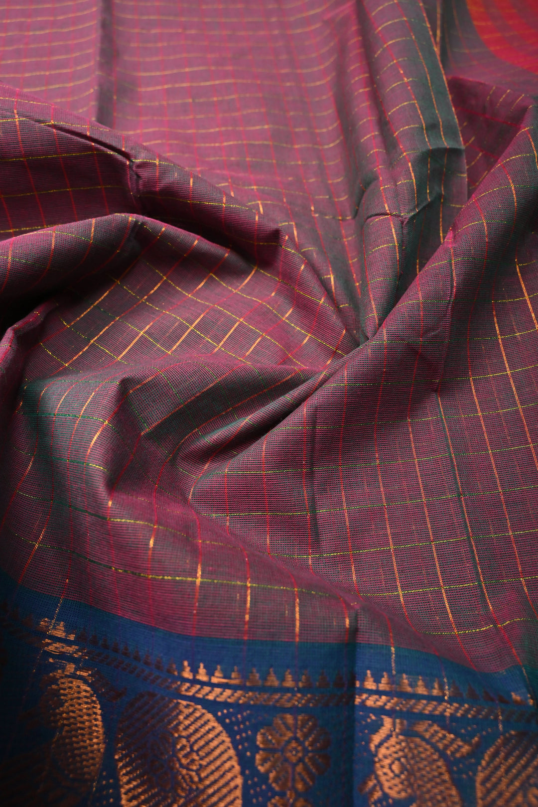 Burgundy  Green Dual tone Zari Checks Pattern on Chettinad Cotton Saree with Contrast Zari Border, No Blouse Peice | SHOBITAM