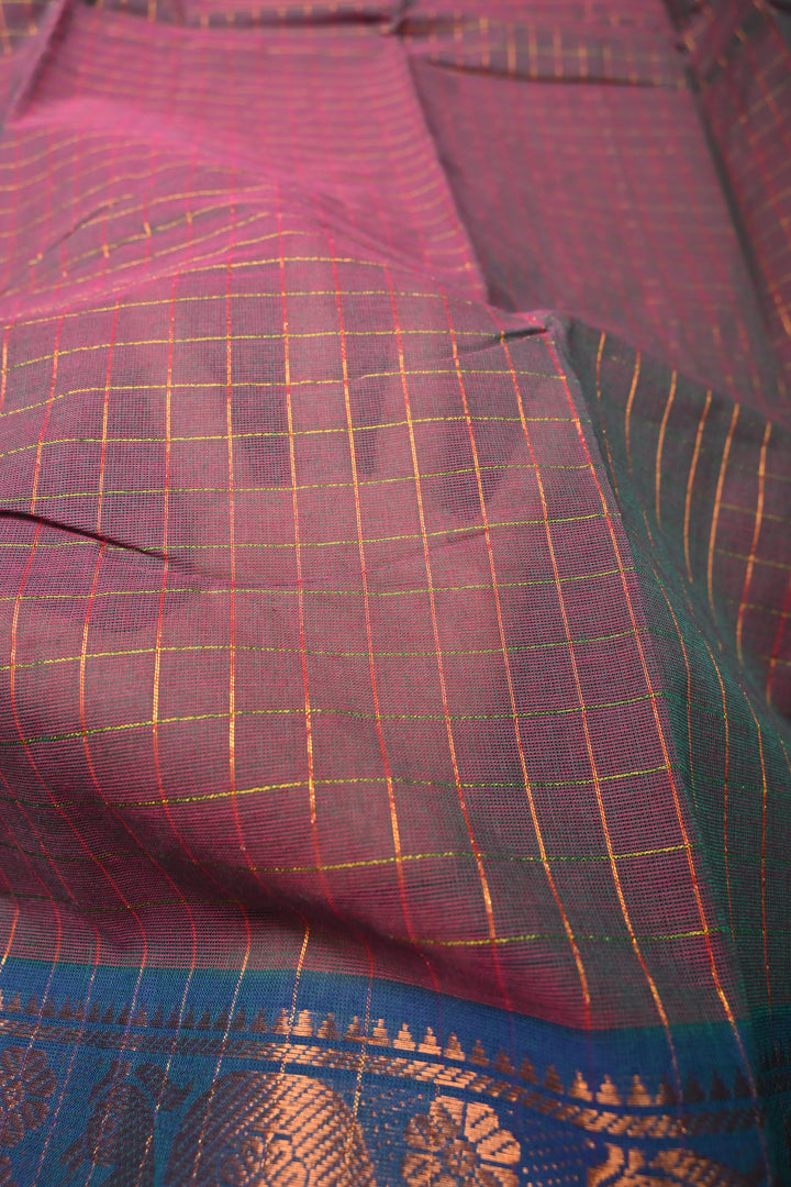 Burgundy  Green Dual tone Zari Checks Pattern on Chettinad Cotton Saree with Contrast Zari Border, No Blouse Peice | SHOBITAM