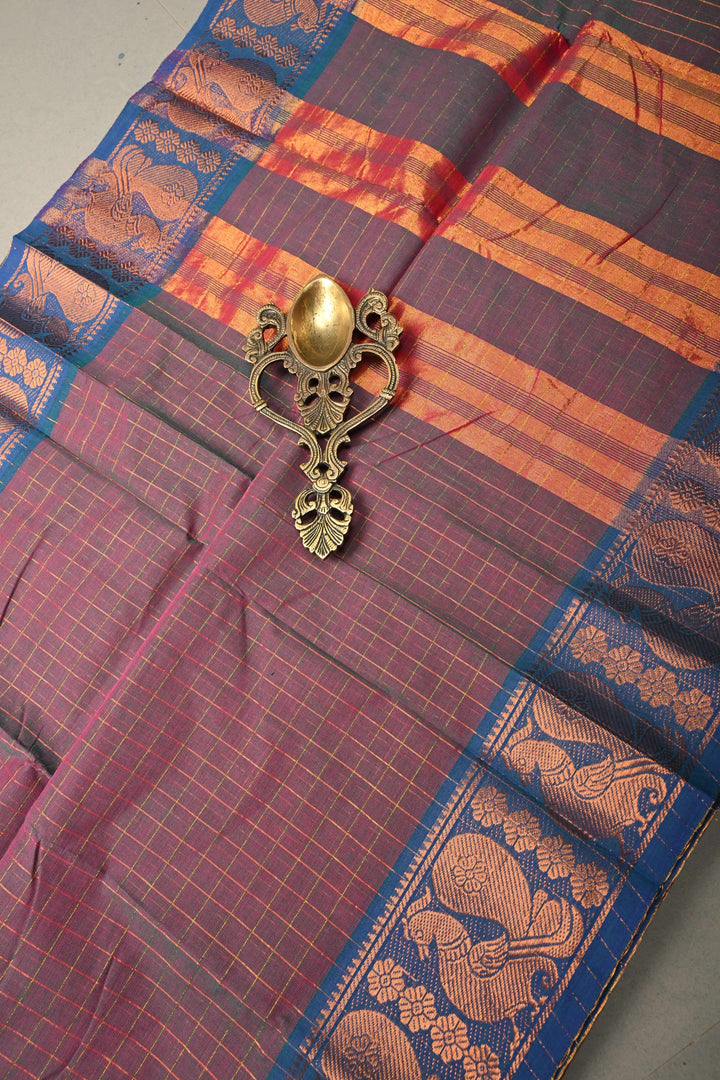 Burgundy  Green Dual tone Zari Checks Pattern on Chettinad Cotton Saree with Contrast Zari Border, No Blouse Peice | SHOBITAM