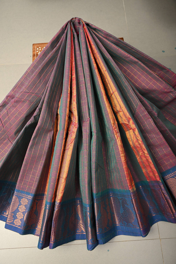 Burgundy  Green Dual tone Zari Checks Pattern on Chettinad Cotton Saree with Contrast Zari Border, No Blouse Peice | SHOBITAM