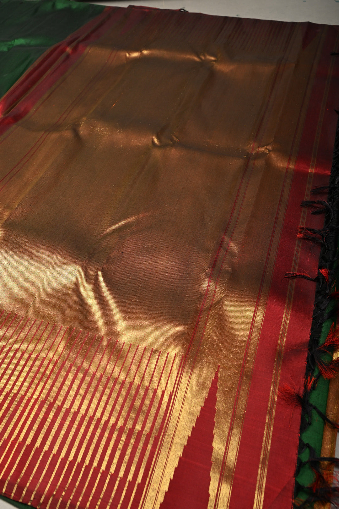 Deep Bottle Green Pure Kanjivaram Silk Saree with Meenakari Temple Zari Border   | SILK MARK CERTIFIED | SHOBITAM