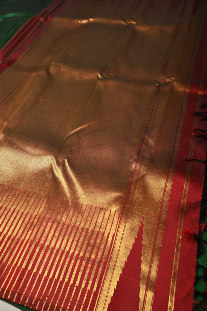 Deep Bottle Green Pure Kanjivaram Silk Saree with Meenakari Temple Zari Border   | SILK MARK CERTIFIED | SHOBITAM