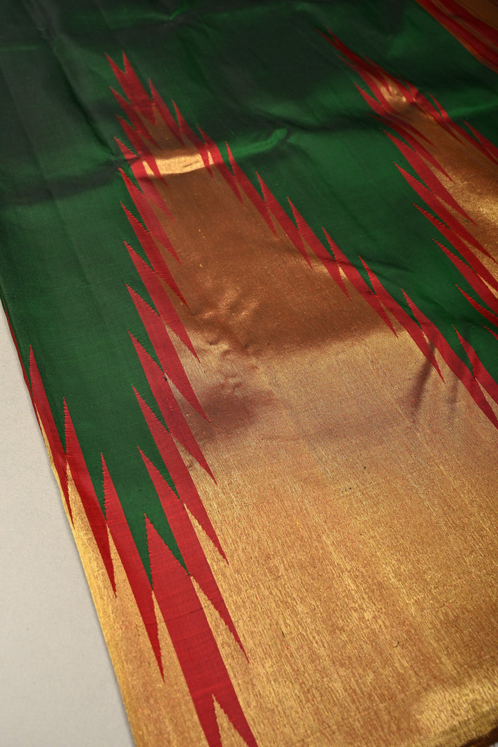 Deep Bottle Green Pure Kanjivaram Silk Saree with Meenakari Temple Zari Border   | SILK MARK CERTIFIED | SHOBITAM