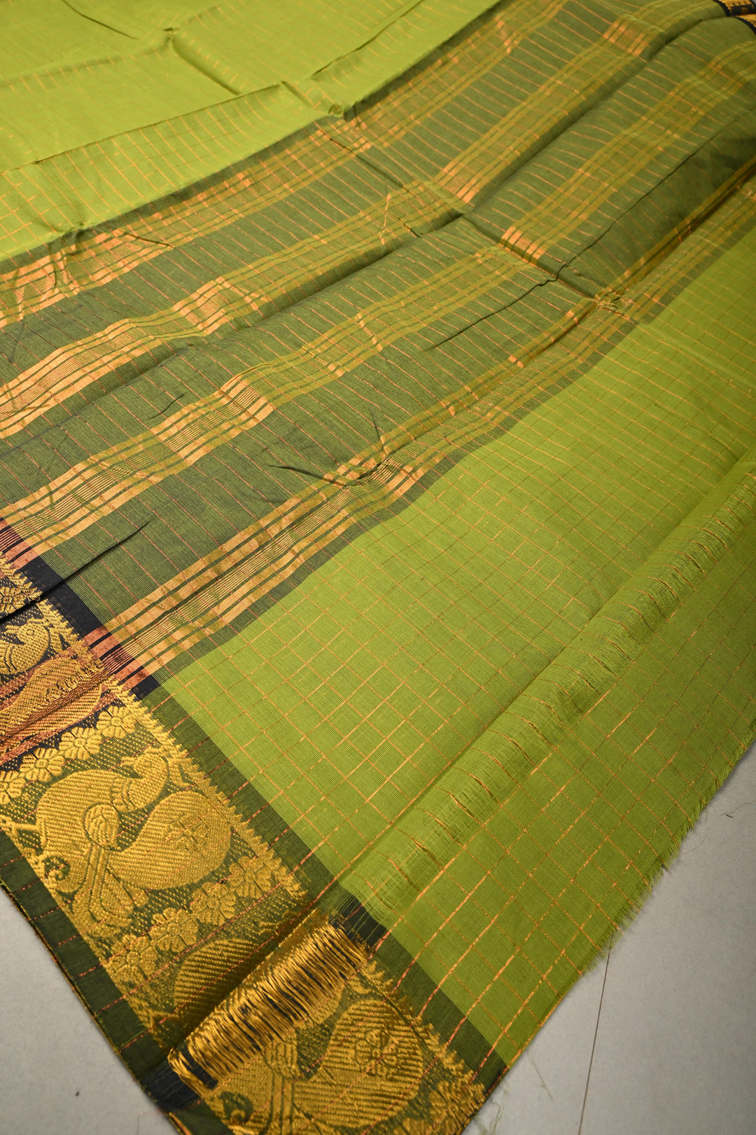 Olive  Green  Zari Checks Pattern on Chettinad Cotton Saree with Contrast Zari Border, No Blouse Peice | SHOBITAM