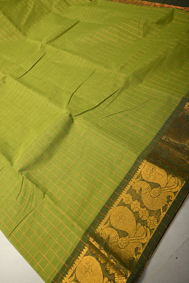 Olive  Green  Zari Checks Pattern on Chettinad Cotton Saree with Contrast Zari Border, No Blouse Peice | SHOBITAM
