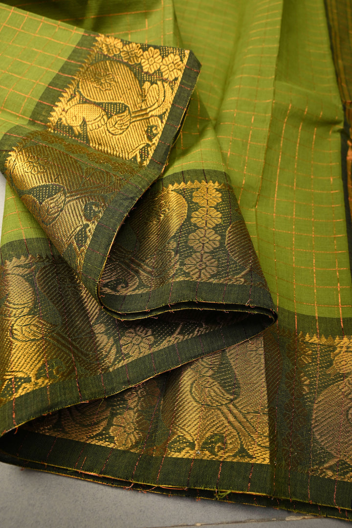 Olive  Green  Zari Checks Pattern on Chettinad Cotton Saree with Contrast Zari Border, No Blouse Peice | SHOBITAM