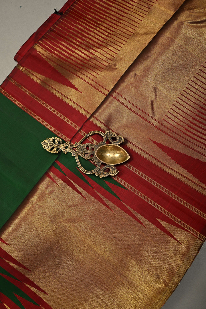 Deep Bottle Green Pure Kanjivaram Silk Saree with Meenakari Temple Zari Border   | SILK MARK CERTIFIED | SHOBITAM