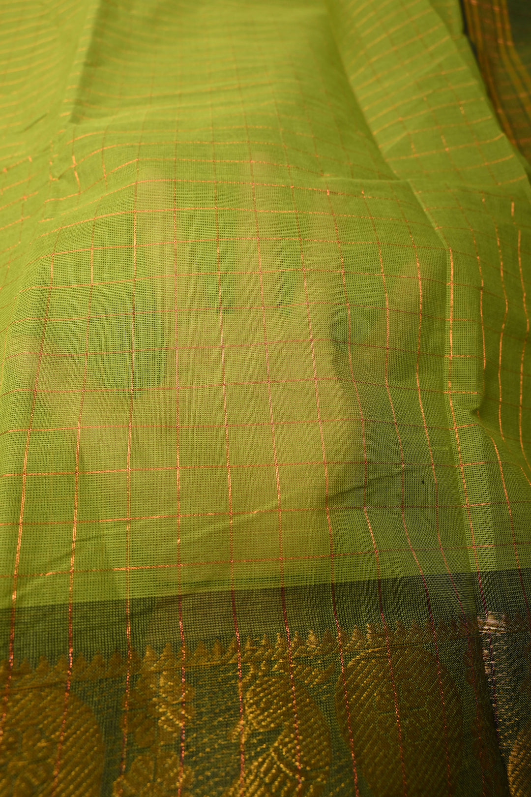 Olive  Green  Zari Checks Pattern on Chettinad Cotton Saree with Contrast Zari Border, No Blouse Peice | SHOBITAM