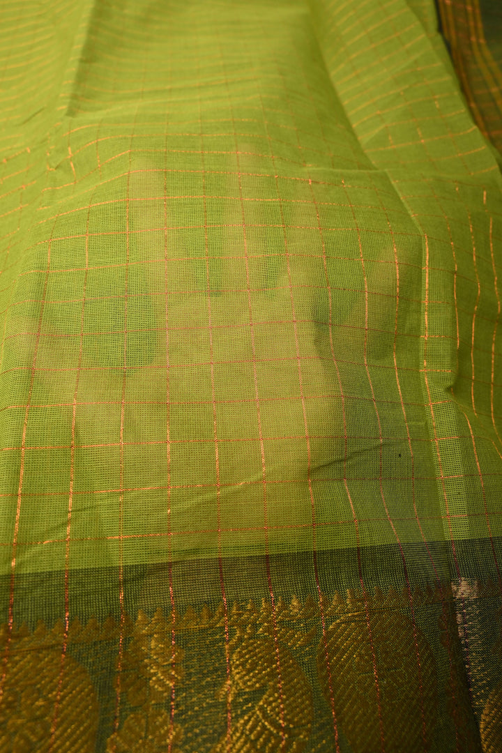 Olive  Green  Zari Checks Pattern on Chettinad Cotton Saree with Contrast Zari Border, No Blouse Peice | SHOBITAM