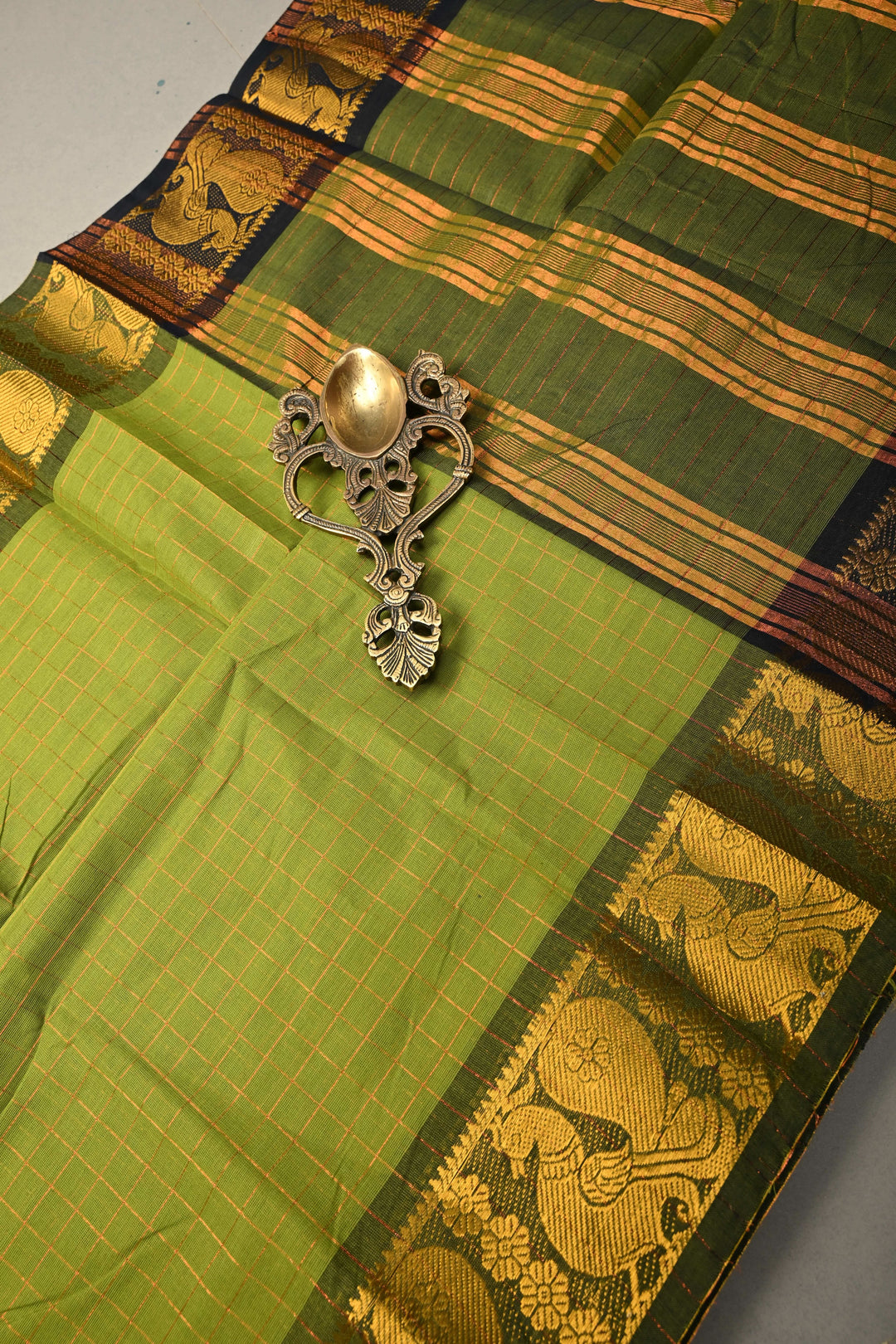 Olive  Green  Zari Checks Pattern on Chettinad Cotton Saree with Contrast Zari Border, No Blouse Peice | SHOBITAM