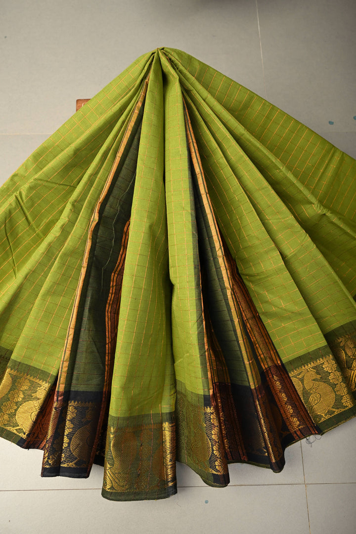 Olive  Green  Zari Checks Pattern on Chettinad Cotton Saree with Contrast Zari Border, No Blouse Peice | SHOBITAM
