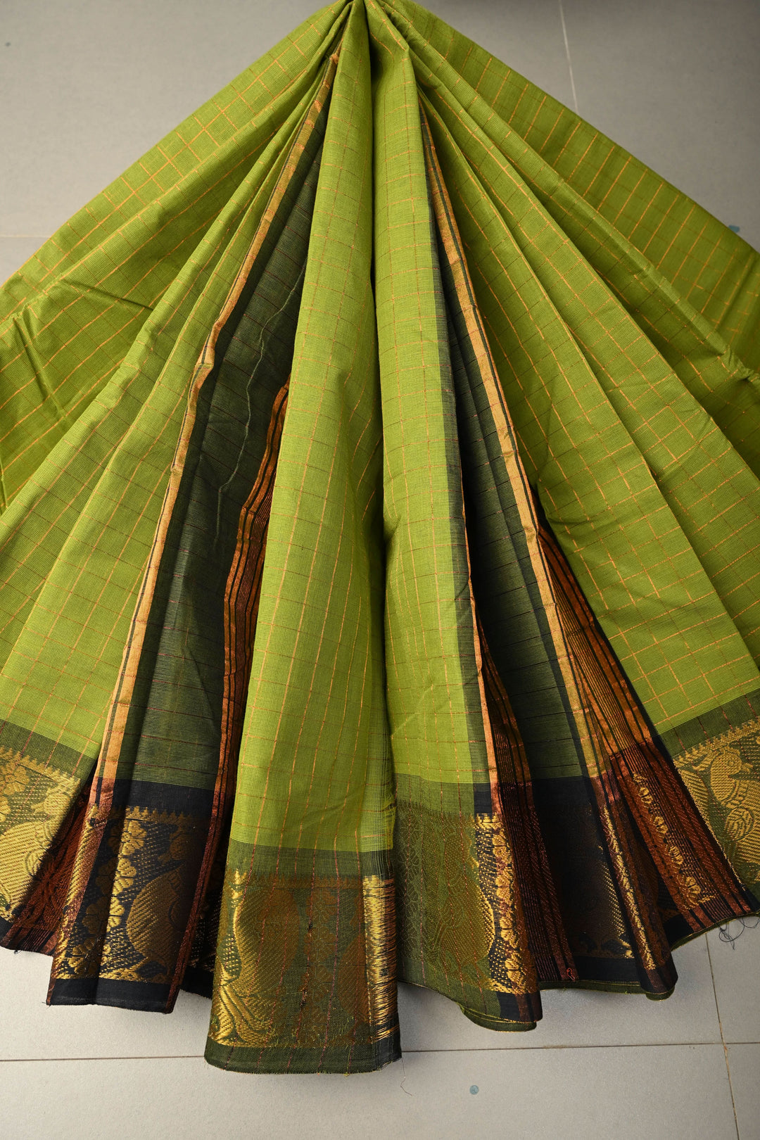 Olive  Green  Zari Checks Pattern on Chettinad Cotton Saree with Contrast Zari Border, No Blouse Peice | SHOBITAM