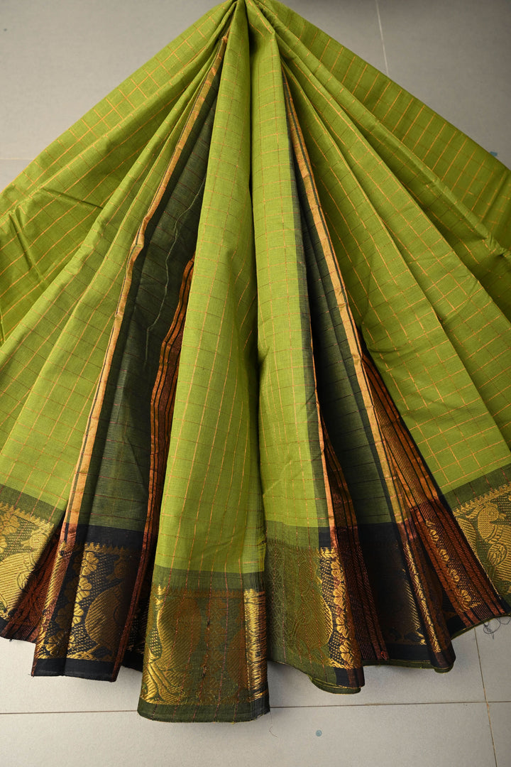 Olive  Green  Zari Checks Pattern on Chettinad Cotton Saree with Contrast Zari Border, No Blouse Peice | SHOBITAM
