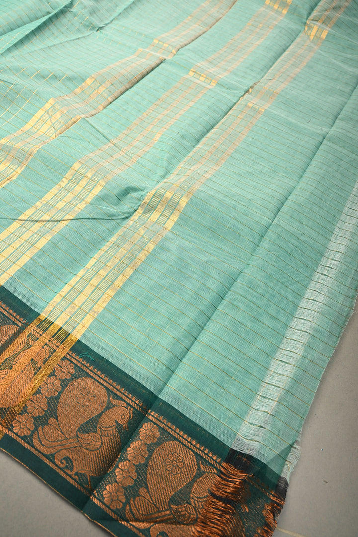 Seafoam green Zari Checks Pattern on Chettinad Cotton Saree with Contrast Zari Border, No Blouse Peice | SHOBITAM