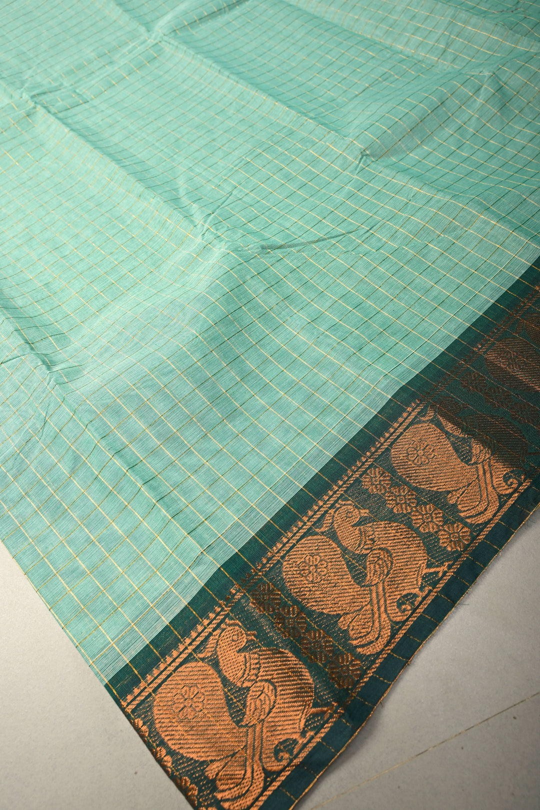 Seafoam green Zari Checks Pattern on Chettinad Cotton Saree with Contrast Zari Border, No Blouse Peice | SHOBITAM
